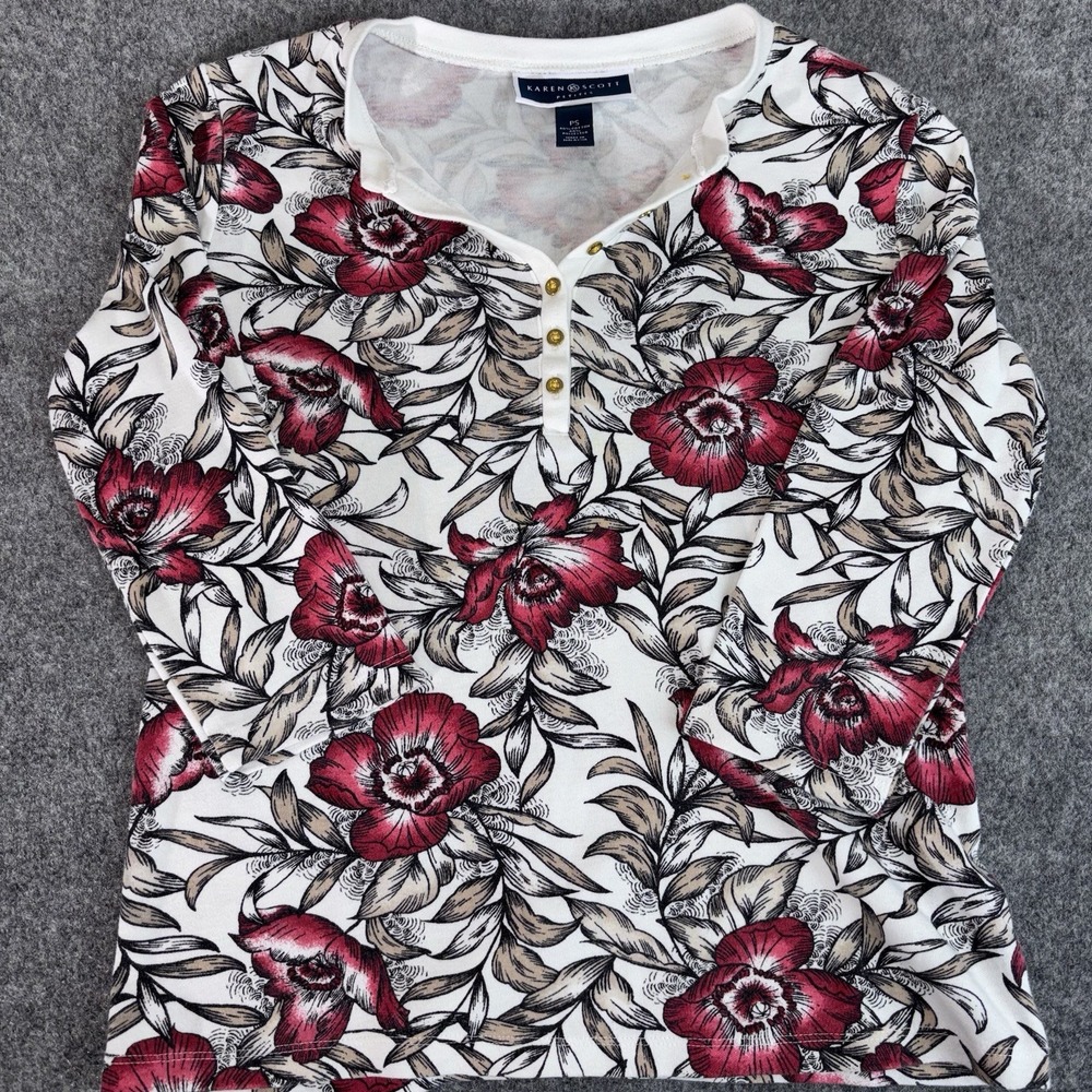 Karen Scott Petites Womens‎ Shirt Floral Henley Long Sleeve PS White Red Leaves